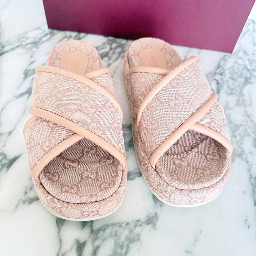 Gucci GG Canvas Platform Slide Sandals Light Pink Monogram Leather Trim 37